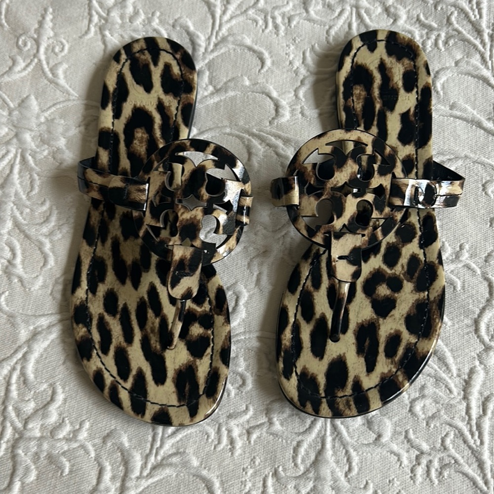 Tory Burch Leopard Patent Miller Sandal size 6 1/2 EUC